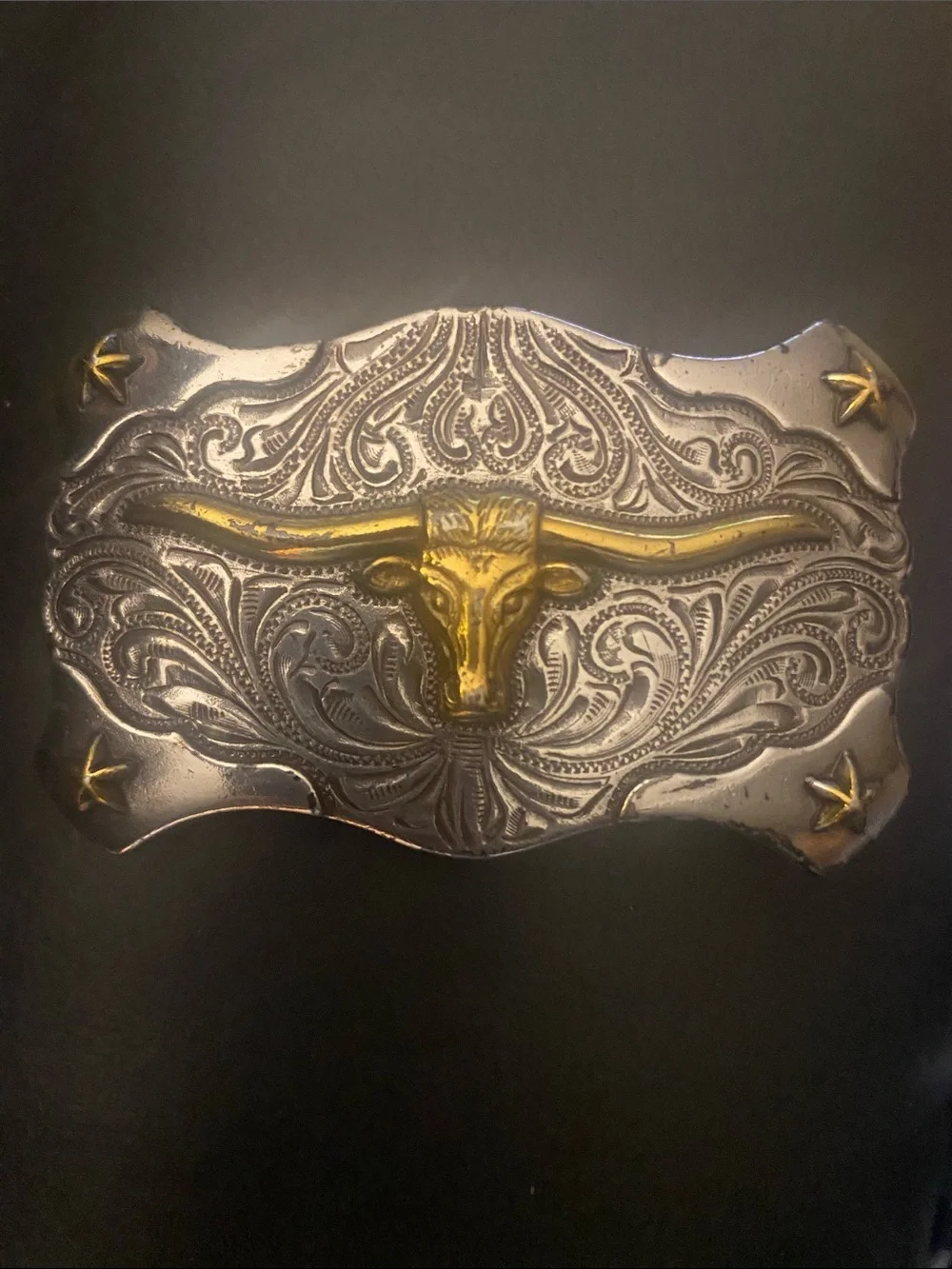 Vintage Western Style Longhorn Steer Belt Buckle Two-Tone Silver & Gold Draign